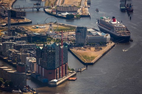 Elbphilharmonie with Hafencity, Speicherstadt, UNESCO World Heritage Site, cruise terminal,