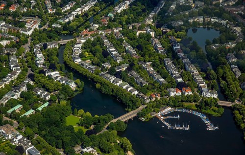 Outer Alster with villa quarter and marina distant view, Alster jetty Bobby Reich, Hamburg, Free