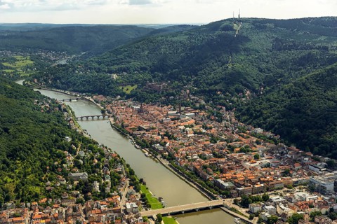 Overview of Heidelberg, Heiliggeistkirche in Heidelberg Old Town with Old Bridge and Tor tor of the