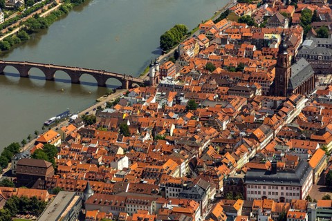 Heiliggeistkirche in Heidelberg Old Town with Old Bridge and Tor tor of the Old Bridge, Neckar,