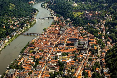 Heiliggeistkirche in Heidelberg Old Town with Old Bridge and Tor tor of the Old Bridge, Neckar,