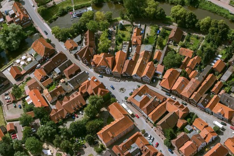 Old town of Hitzacker with the Jeetzel and Altjeetzel rivers, Elbe, Elbe banks, high water