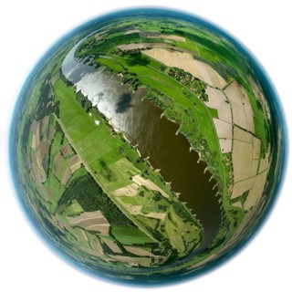 Elbe valley, fields, groynes, river course, fisheye lens, round picture, Hitzacker (Elbe), district