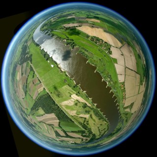 Elbe valley, fields, groynes, river course, fisheye lens, round picture, Hitzacker (Elbe), district