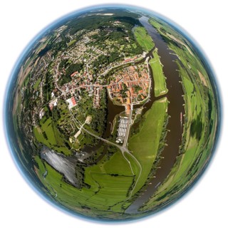 Old town, Elbe, Jeetzel, fisheye lens, round picture, Hitzacker (Elbe), district Lüchow-Dannenberg,