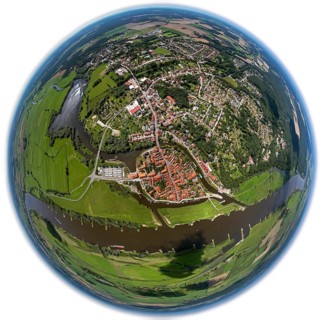 Old town, Elbe, Jeetzel, fisheye lens, round picture, Hitzacker (Elbe), district Lüchow-Dannenberg,
