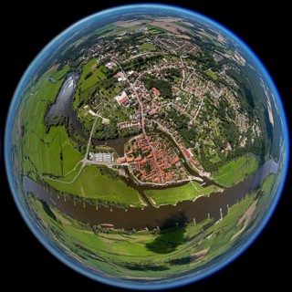 Old town, Elbe, Jeetzel, fisheye lens, round picture, Hitzacker (Elbe), district Lüchow-Dannenberg,