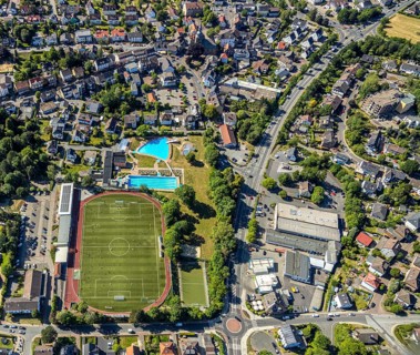 Aerial view, Baumhofstadion, outdoor swimming pool Sprockhövel, Niedersprockhövel, Sprockhövel,