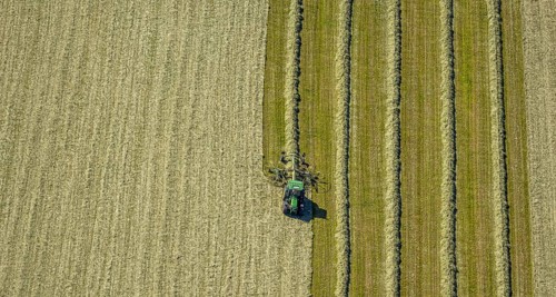Aerial view, agricultural area, tractor mowing meadow, Gennebreck, Sprockhövel, Ruhr area, North