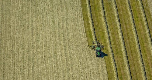 Aerial view, agricultural area, tractor mowing meadow, Gennebreck, Sprockhövel, Ruhr area, North