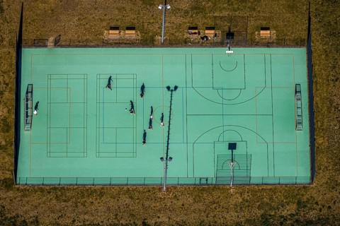 Aerial view, football pitch at IG Metall training centre, Sprockhövel, Ruhr area, North
