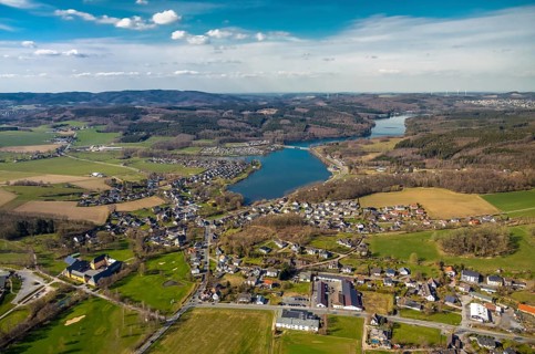 Aerial view, overview Amecke, Sorpesee, Amecke, Sundern, Sauerland, North Rhine-Westphalia,