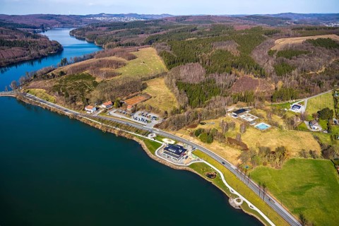 Aerial view, new building Airstop Strandcafé gastronomy café/restaurant/bistro/bar, old,