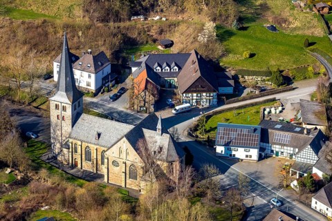 Aerial view, Catholic parish church St.. Laurentius, heritage-protected church building, Enkhausen,