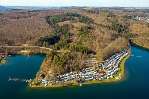 Aerial view, campsite family camping, sailing club Sorpesee-Iserlohn, boat rental, Mosaik outdoor