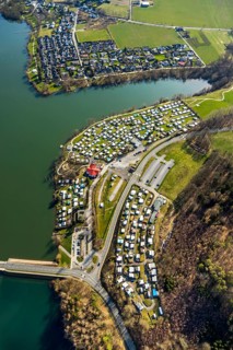 Aerial view, campsite at the dam, Sorpesee dam, Amecke, Sundern, Sauerland, North Rhine-Westphalia,