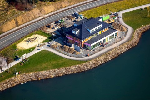 Aerial view, new building Airstop Strandcafé gastronomy café/restaurant/bistro/bar operation,