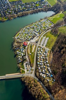 Aerial view, campsite at the dam, Sorpesee dam, Amecke, Sundern, Sauerland, North Rhine-Westphalia,