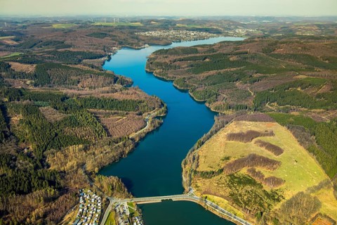 Aerial view, overview Sorpesee dam, Sundern, Sauerland, North Rhine-Westphalia, Germany, DE,