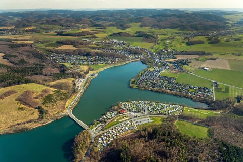 Aerial view, overview Amecke, view over the Sorpe dam Sorpesee, Amecke, Sundern, Sauerland, North