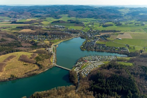 Aerial view, overview Amecke, view over the Sorpe dam Sorpesee, Amecke, Sundern, Sauerland, North