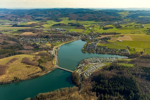 Aerial view, overview Amecke, view over the Sorpe dam Sorpesee, Amecke, Sundern, Sauerland, North