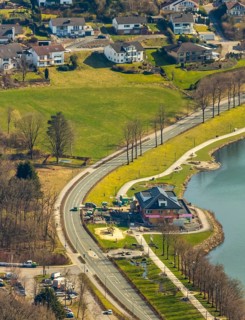 Aerial view, new building Airstop Strandcafé gastronomy café/restaurant/bistro/bar operation,