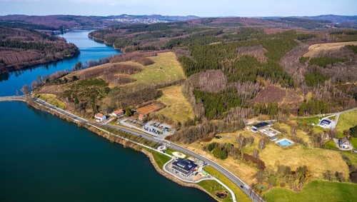 Aerial view, new building Airstop Strandcafé gastronomy café/restaurant/bistro/bar, old,