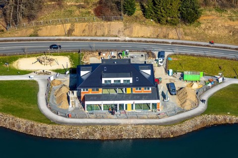 Aerial view, new building Airstop Strandcafé gastronomy café/restaurant/bistro/bar operation,