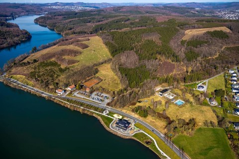 Aerial view, new building Airstop Strandcafé gastronomy café/restaurant/bistro/bar, old,