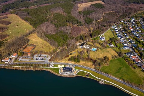 Aerial view, new building Airstop Strandcafé gastronomy café/restaurant/bistro/bar, old,