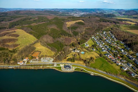 Aerial view, new building Airstop Strandcafé gastronomy café/restaurant/bistro/bar, old,