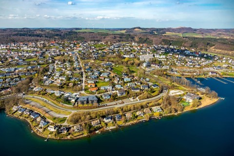 Aerial view, overview Langscheid, Sorpesee, Sorpe shore, Langscheid, Sundern, Sauerland, North