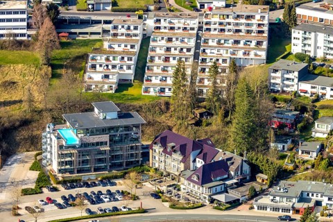 Aerial view, Hotel and Restaurant Seegarten, terrace flats with lake view, Zum Sorpedamm,