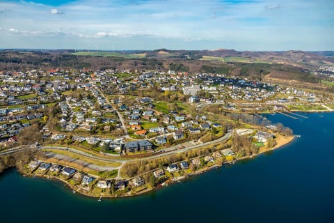 Aerial view, overview Langscheid, Sorpesee, Sorpe shore, Langscheid, Sundern, Sauerland, North