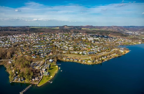 Aerial view, overview Langscheid, Sorpesee, Sorpe shore, Langscheid, Sundern, Sauerland, North