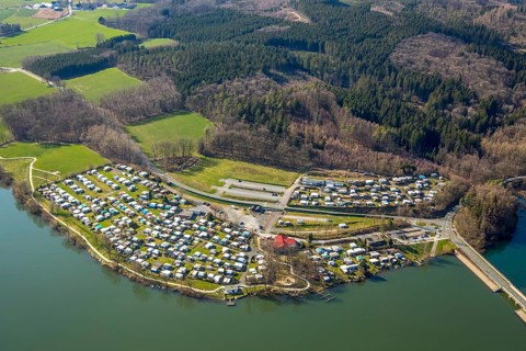 Aerial view, campsite at the dam, Sorpesee dam, Amecke, Sundern, Sauerland, North Rhine-Westphalia,