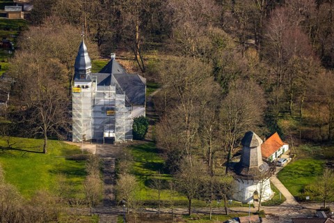 Aerial view, renovation Christuskirche, wind pump, Unna, Ruhr area, North Rhine-Westphalia,