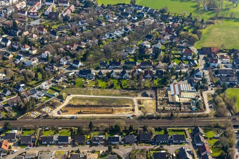 Aerial view, Drücke Garten-Zentrum Unna, construction area residential buildings, former sports