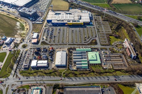 Aerial view, Ikea furniture store, Dehner garden centre, Mercure Hotel Kamen Unna, Unna-Königsborn,