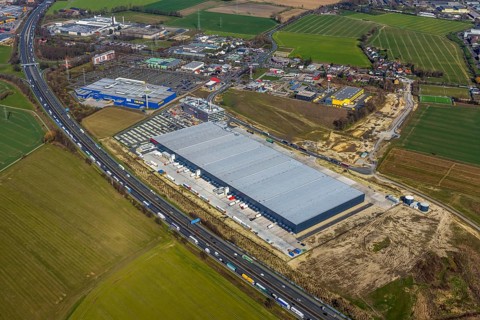 Aerial view, new Woolworth headquarters and logistics centre, commercial area Unna Kamen, Ikea,