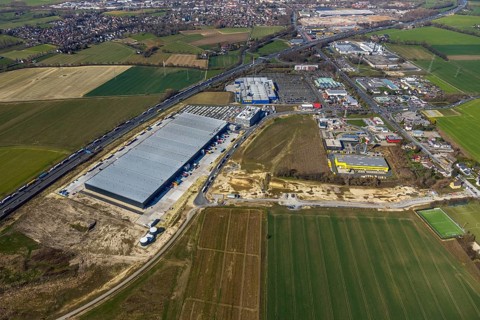 Aerial view, new Woolworth headquarters and logistics centre, commercial area Unna Kamen, Ikea,