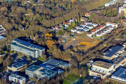 Aerial photograph, new building at the Unna educational campus, Anne Frank School, Unna, Ruhr area,