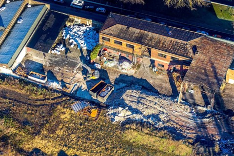 Aerial view, demolition begins for new building of the municipal utilities Unna at Viktoriastrasse
