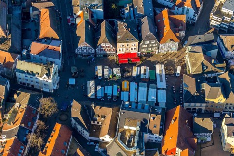 Aerial view, market day in the city centre of Unna, market on the old market, market place, Unna,