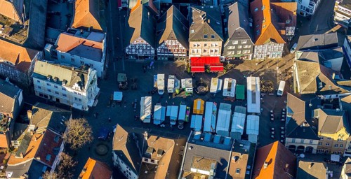 Aerial view, market day in the city centre of Unna, market on the old market, market place, Unna,