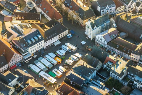 Aerial view, market day in the city centre of Unna, market on the old market, market place, Unna,