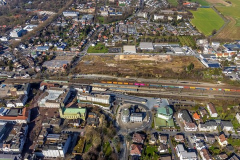 Aerial view, Unna railway station, Viktoriastrasse construction area for office building, St.