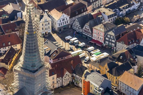 Aerial view, redevelopment protestant town church, church square, market, Unna, Ruhr area, North