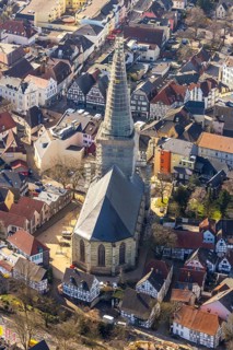 Aerial view, redevelopment protestant town church, church square, Unna, Ruhr area, North
